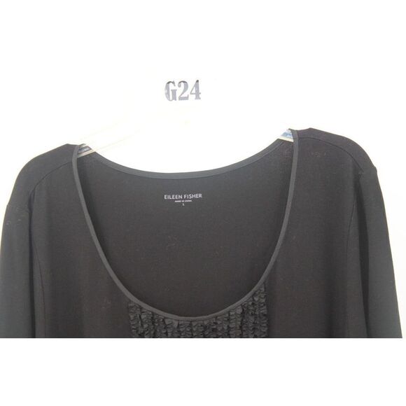 EILEEN FISHER BLACK JERSEY KNIT EMBELLISHED NECKLINE 3/4 SLV TUNIC MINI DRESS L - Picture 2 of 6